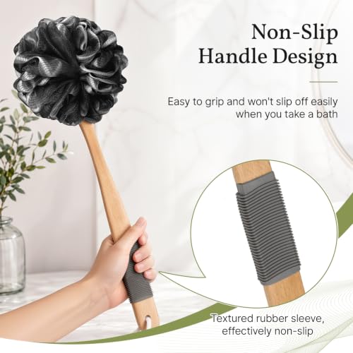 AmazerBath Black Long Wooden Handle Shower Loofah Body Scrubber with Mesh Sponge