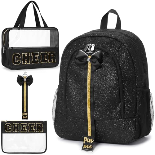 Hosuly 4-Piece Glitter Cheer Backpack Set with Travel & Makeup Bags, Black
