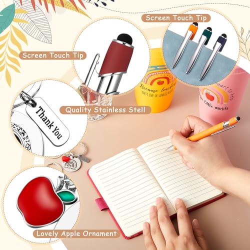 Pickmesh Teacher Appreciation Gift Bulk 48 Pcs / 12 Sets Makeup Bag Keychain 24oz Plastic Cup with Lid Ballpoint Pen Thank You Teacher Supplies(Rainbow Straw Cup,Multicolor)
