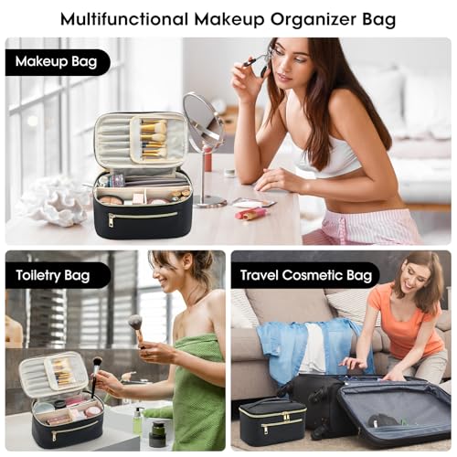 Travel Makeup Bag Organizer, Large Capacity Cosmetic Pouch for Women, Waterproof Make Up with Divider, Clamshell Makeup Case Make Up Bag with Handle and Metal Zipper, Travel Essentials Black