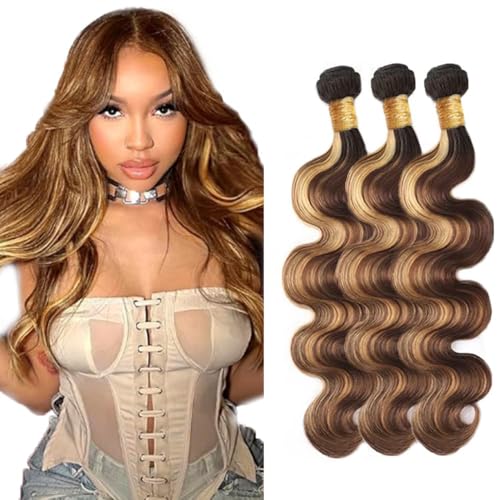 Freiuoke 300g Honey Blonde Body Wave Human Hair Bundles - 24-28 Inch