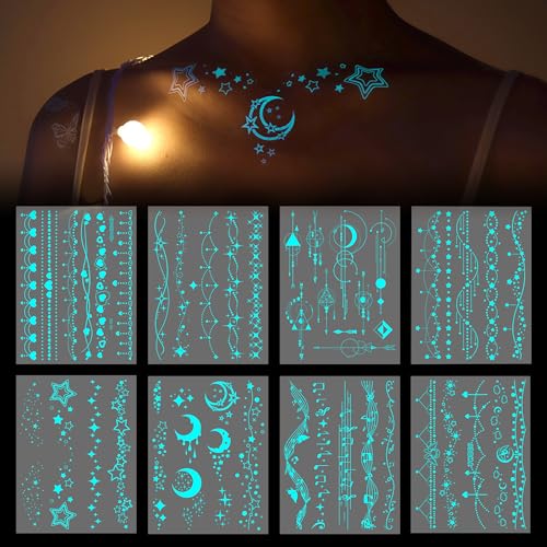 Glow in the Dark Temporary Tattoos | 10 Sheet Luminous Fake Tattoo Stickers