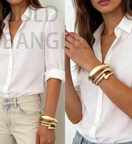 14k Gold Plated Chunky Bangle Bracelets Set for Women