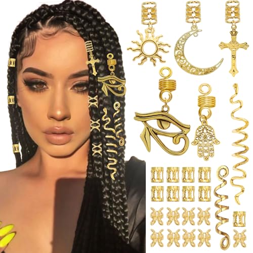 VENOFEN 27PCS Gold Hair Jewelry for Braids Loc Jewelry Cross Braid Clips Multi Style Loc Dreadlock Beads Sprial Hair Decoration Metal Hair Cuffs Rings Braid Accessories for Women and Men