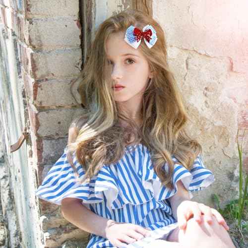 2PC Blue White Gingham Hair Bow Clips 3.5 Inch Checker Pigtail Bows Wizard Hair Accessories