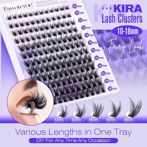 Pawotence Lash Clusters Wispy Kira Cluster Eyelash Extensions 10-18mm Individual Lashes DIY Cluster Lashes Extension Soft Comfortable Eyelash Clusters with Thin Band