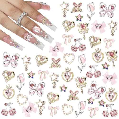 24PCS Nail Charms Y2k Alloy Nail Art Rhinestone Charms 3D Heart Star Bow with Rhinestones Cherry Nails Gems Shiny Jewelry Nails Decorations Accessories Supplies (AD24)