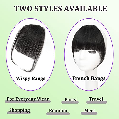 GHDXIWEYU 100% Human Hair Clip in Bangs,Women Air Thinning Curtain Flat Natural Black Bangs, Natural Curved Wispy Bangs,Real Human Hair Faux fake Bangs(Wispy Bangs,Natural Black)