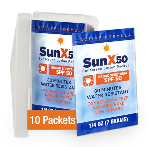 CoreTex Sun X 50 SPF Broad Spectrum Sunscreen Packets w/Carrying Case - Pack of 10 Paraben, Oxybenzone, Octinoxate, & Oil Free Sunscreen - No White Cast and Water Resistant up to 80 Minutes