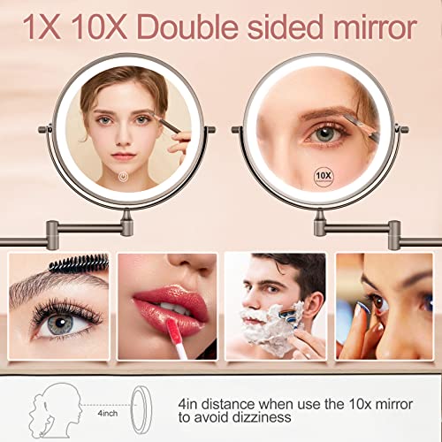 FASCINATE Rechargeable Wall Mounted Lighted Vanity Mirror 8 Inch 1X/10X Magnifying Makeup Mirror with 3 Color Lights, Double Sided Dimmable, 360 Degree Screen Touch,Bathroom Shaving Mirror (GunBlack)