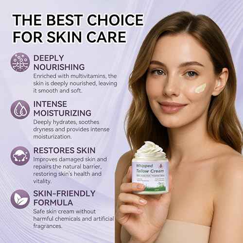 Beef Tallow for Skin, Organic Tallow Face Moisturizer, Whipped Grass Fed Beef Tallow Balm Cream for Skin Care Face Body, Deep Hydrate and Nourish Dry Skin, Lavender - 4 oz