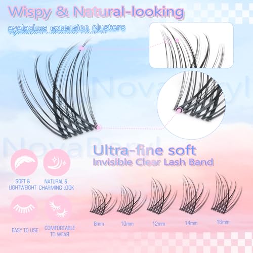 NovaBeryl Natural Wispy Clusters Eyelash Extensions 144pcs D-Curl 8-16mm - Invisible Band, DIY Lash Look