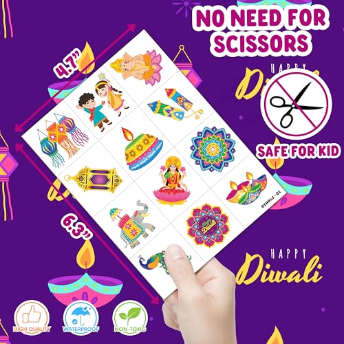 96 PCS Happy Diwali Pre-Cut Temporary Tattoos for Kids | Supper Cute Themed Birthday Party Favors, Supplies, Decorations, Diwali Festival Fake Tattoo Stickers, School Rewards Gifts for Boys & Girls