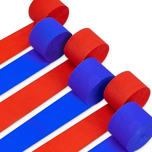 PartyWoo Crepe Paper Streamers 6 Rolls 492ft, Pack of Crepe Paper Streamers in Royal Blue and Red, Crepe Paper for Birthday Decorations, Party Decorations, Wedding Decorations (1.8 in x 82 Ft/Roll)