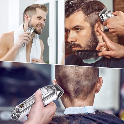 SURKER Silver Cordless Hair Clippers for Men, Rechargeable Professional Trimmer with LED Display