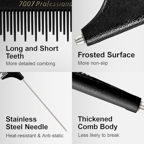 Jurrissa Rat Tail Combs for Parting,Protable Retractable Rat Tail Comb-Parting Combs for Hair Stylist-Stainless Steel Pin Tail Fine Tooth Teasing Comb Heat Resistant Anti Static