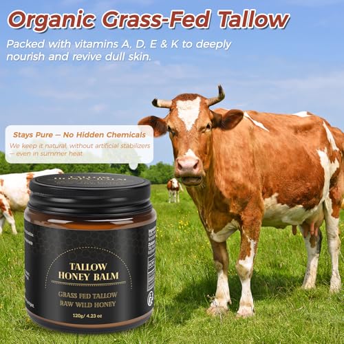 Beef Tallow for Skin,Tallow and Honey Balm,Organic Grass-Fed Beef Tallow Balm with Honey, Face and Body Moisturizer(120g)