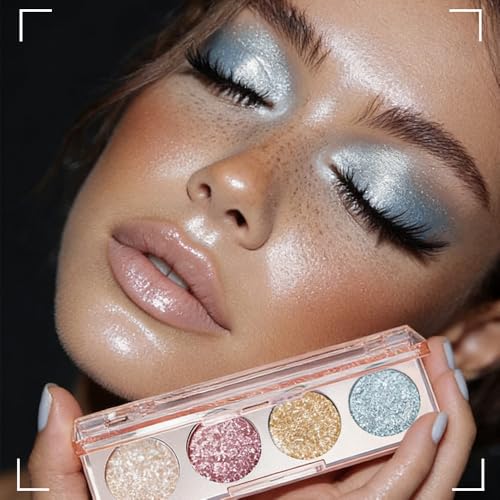 4-Color Glitter Eyeshadow Palette - Shimmer Pearl, Rose Gold, Gold & Blue