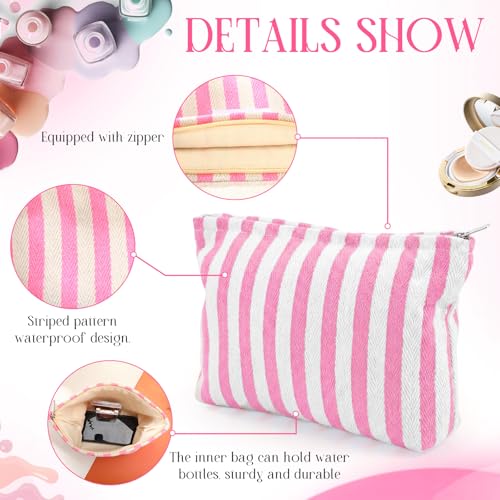 6-Piece Pink Striped Makeup Bag Set - Canvas Travel Toiletry Pouch
