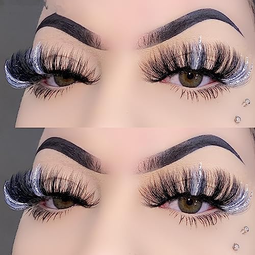 Black and White False Eyelashes with Silver Glitter,1 Pair Black Lash Strip with Color Silver Highlight Sparkly, Cruelty-Free Faux Mink for Women Makeup