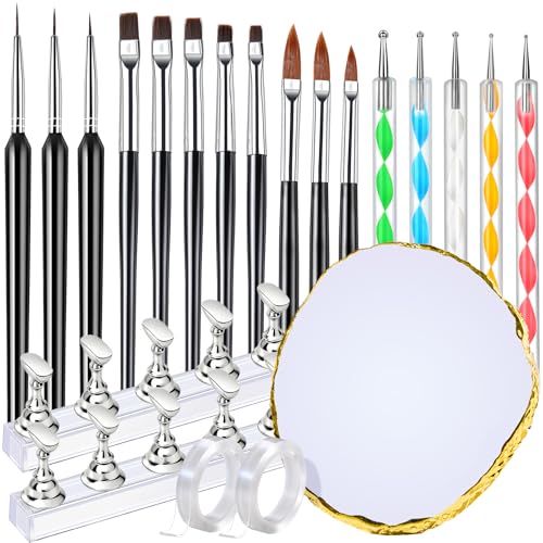 Fandamei Nail Art Pens & Brushes Set – 5 flat, 3 drawing, 3 liner Brushes, 5 dotting tools, nail art stand & palette