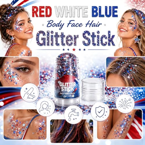 4th of July Red White Blue Glitter Stick, Patriotic Face & Body