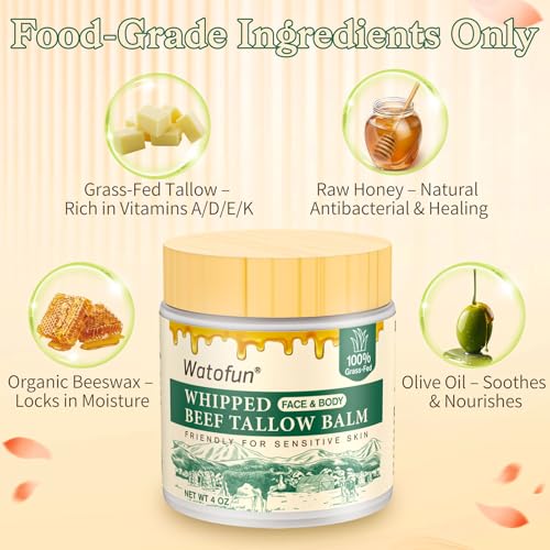 Whipped Beef Tallow Balm for Skin - 100% Organic Grass-Fed Tallow & Honey Body Butter, Infused with Olive Oil to Nourish, Soothe & Repair Dry, Cracked, Sensitive Skin- Natural Deep Moisturizer 4 OZ