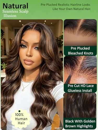 KLAIYI Loose Body Wave Lace Front Wig with Drawstring, 7x5 No Slip, Golden Brown Highlights, 16 Inch, Pre-Plucked, Bleached Knots, Ready to Wear