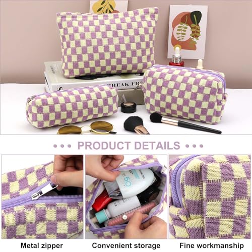 EIMMBD 3-Piece Makeup Bag Set - Large Capacity Checkered Travel Cosmetic Pouches