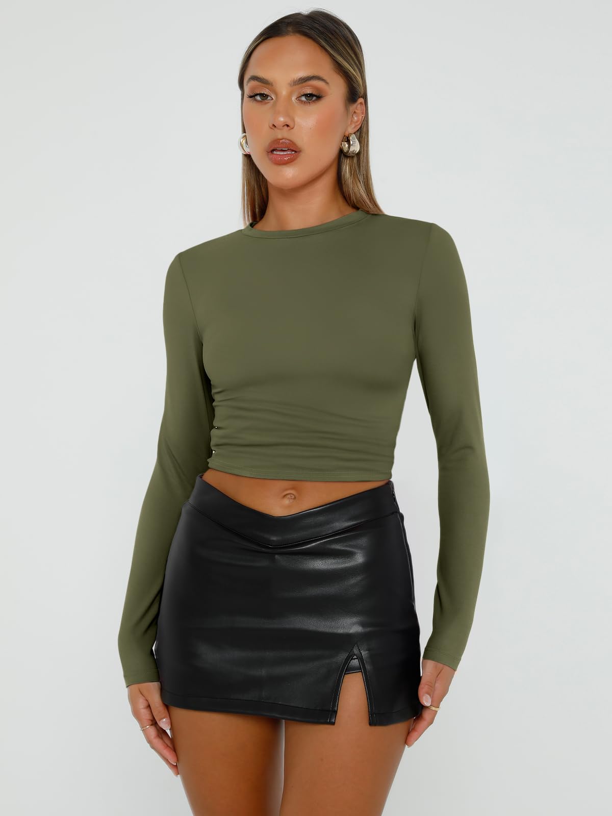 Trendy Queen Womens Long Sleeve Shirts Basic Spring Crop Tops Tees Tight Slim Fit Cute Going Out Outfits Teen Girls Fall Winter Y2k Clothes 2024 Army Green XS