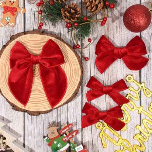 DEEKA 4 PCS Red Velvet Hair Bows 3 Styles 5" & 4" Handmade Hair Bow set for Toddler Girls Alligator Hair Clips Knot Bows Hair Accessories for Little School Girls (Red)