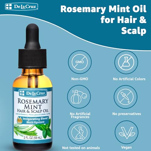 De La Cruz Rosemary Mint Oil Blend for Hair & Scalp - Revitalizing Blend with Castor, Avocado and Olive Oil - Naturally Moisturizing Rosemary Hair Oil - 2 FL OZ