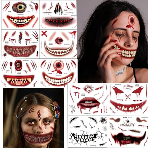 Halloween Temporary Tattoos, 10 Sheets Zombie Makeup Kit
