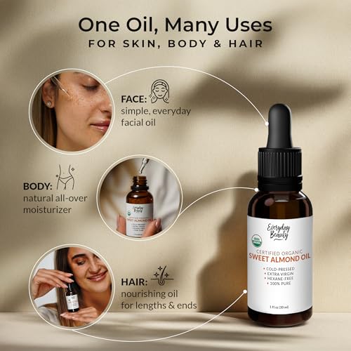 Organic Sweet Almond Oil | 100% Pure, Cold-Pressed, Unrefined | USDA Certified Organic | Amber Glass Bottle with Glass Dropper | For Face, Skin & Hair - 1 Fl Oz
