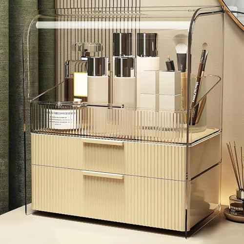 DASITON Cream Cover Dustproof Three layers Storage Box,Makeup Brush Holder,Large Capacity Desktop Storage Box with Drawer,for Beauty Products,Perfume,Jewelry,Nail Polish