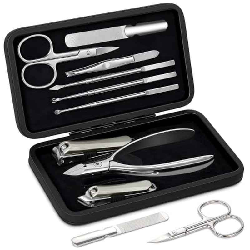 9-in-1 Professional Manicure Pedicure Set - Stainless Steel Grooming Kit with Leather Case