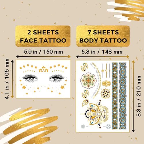 Glitter Freckles Gold Temporary Tattoos Set, Bachelorette Body Glitters & Face Stickers, 90+ Temp Tattoo for Adults Women Teens Girls, Fake Tattoos for Party Beach Festivals Cosplay Dates, 9 Sheets