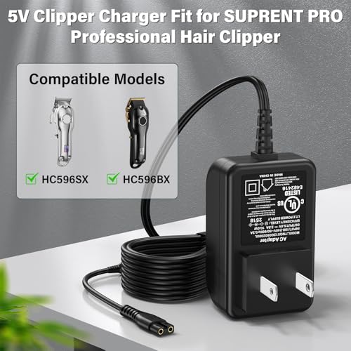 5V Hair Clipper Charger Replacement Compatible with SUPRENT Pro Clipper, Power Cord AC Adapter Fit for SUPRENT PRO Hair Clippers Professional Trimmer Charging Plug Cable DC5V 5VDC