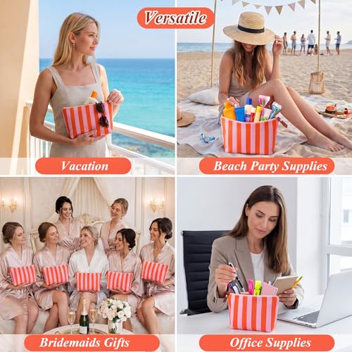 12 Pack Pink and Orange Striped Canvas Makeup Bags