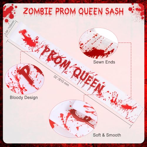 HOWAF 1pcs Halloween Zombie Prom Queen Sash with 10 Sheets Halloween Bloody Temporary Tattoos, Bloody Splattered Prom Queen Sash Fake Scar Body Tattoos for Hallows' Eve Party Zombie Costume Cosplay
