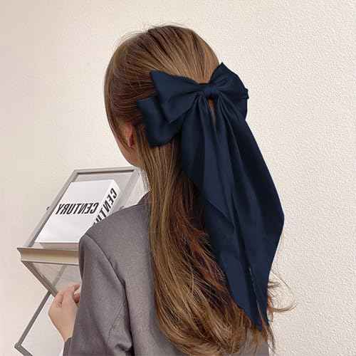 Hair Bows for Women Girls - Silky Satin Bow Hair Clip with Long Tail Ribbons - Elegant Hair Accessories (Navy Blue,1Pcs)