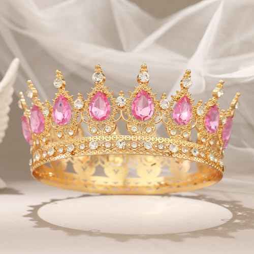 Pink Crown for Women Crystal Tiara and Queen Crown for Girl Wedding Headband for Bride Hair Accessories for Costume Birthday Party Cake Decoration Prom