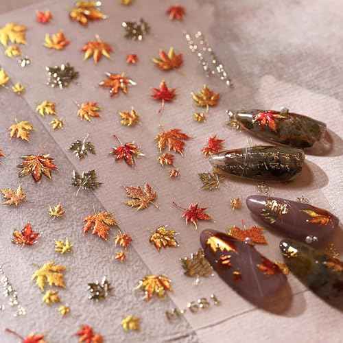 Fall Maple Leaves Nail Decals for Nail Art Embossed Autumn Leaf Nail Stickers Bronzing Maple Leaf Nail Art Stickers 5D Self-Adhesive Thanksgiving Nail Decoration Supplies for Women Girls 1 Sheets