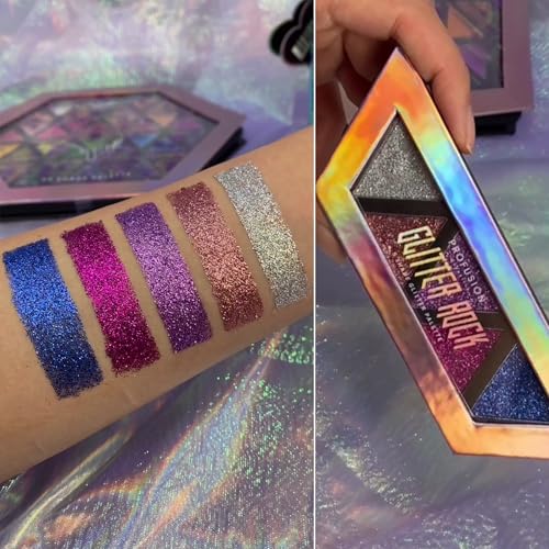 Profusion Cosmetics Glitter Rock 5 Shades Eyeshadow Palette ? Pressed Glitter Makeup for Eyes, Shimmer & Shine Pigments, Dazzling Color for Day to Night Glam Looks, Vegan & Cruelty-free