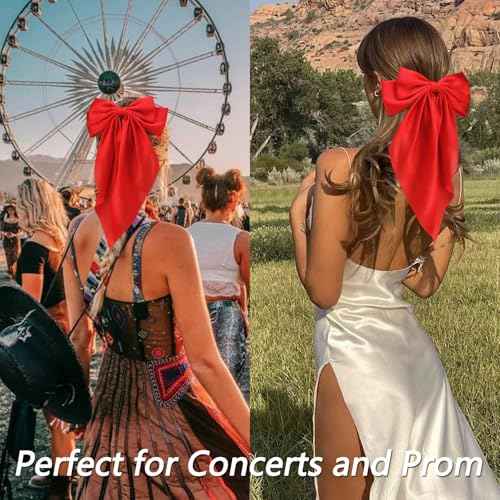 Velscrun Red Hair Bows for Women Girls, Silky Satin Large Coquette Bow Oversized Hair Ribbons Big Bows Clip, Long Tail Bowknot Hair Barrettes Halloween Christmas Hair Bow Accessories