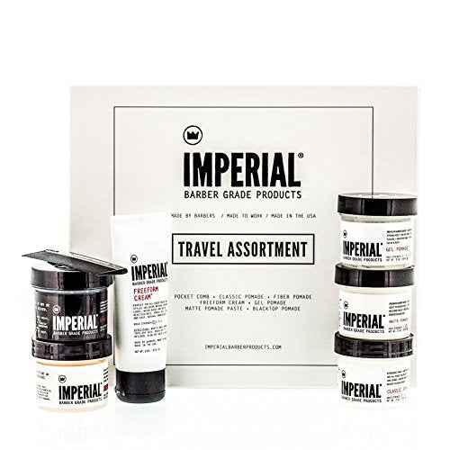 Imperial Barber Travel Assortment/Gift Set Men's Traveling Hair Style -Classic, Fiber, Gel & Blacktop Pomade, Matte Pomade Paste, Freeform Cream, Comb