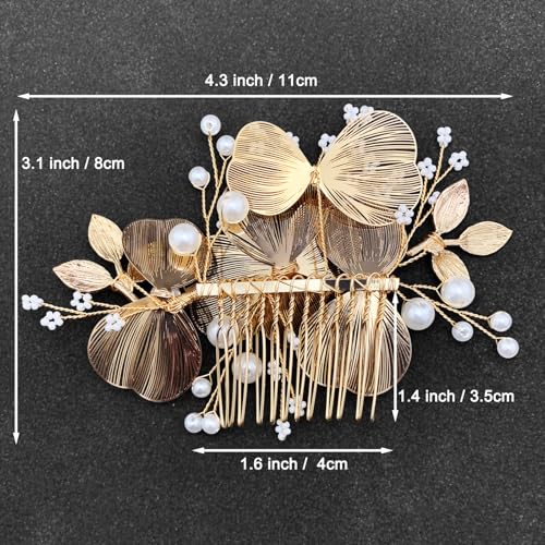 Gold Pearl Flower Hair Comb for Bride Wedding
