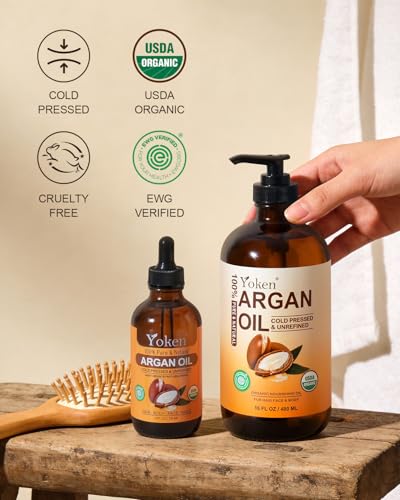 Yoken 16oz USDA Organic Argan Oil - Cold Pressed Moroccan Oil, 1 Bottle