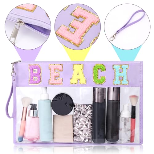 Zubebe 2 Size Chenille Letter Clear Beach Bag Clear Cosmetic Zipper Pouch Preppy Beach Vacation Waterproof Travel Organizer Toiletry Makeup Bag for Women, 16.5 x 11 Inches and 11.5 x 8 Inches