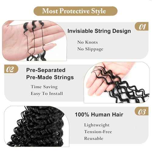 Gogo Curl Human Crochet Hair Knotless Invisible Feather Crochet Human Hair for Black Women 18 Inch Pre Looped Deep curly Wave Hair Extensions Natural Black 120g 100 Strands